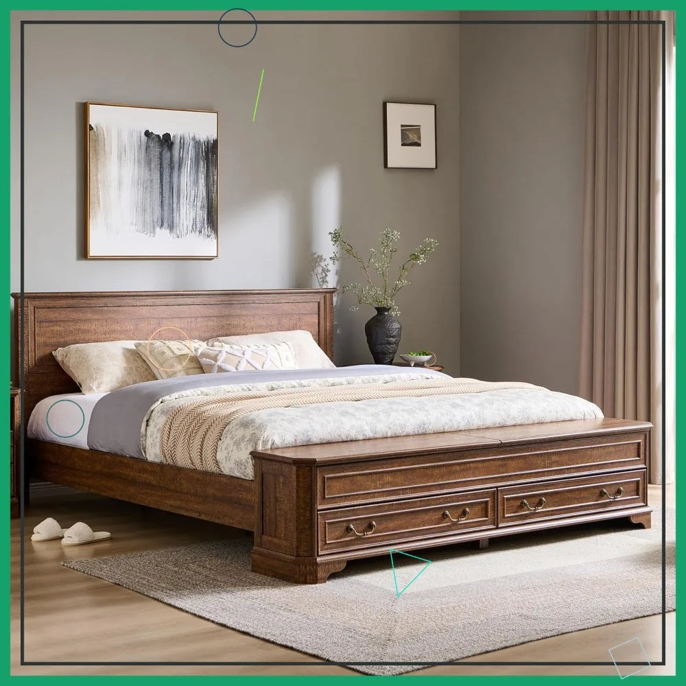 Rustic Wood King Bed with Storage Bench and 4 Large Drawers, Dark Brown Farmhouse Platform Bed