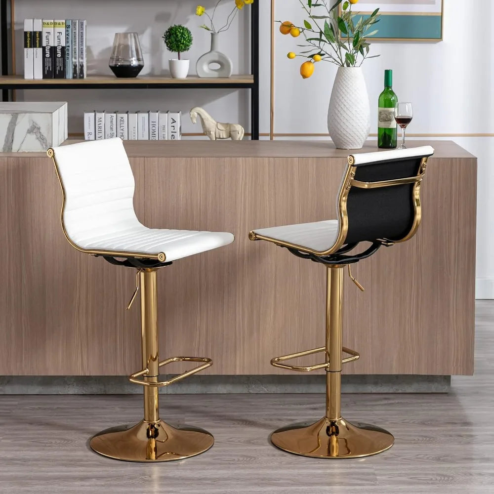 Adjustable Bar Stools Set of 2, White Faux Leather Counter Height Chairs with Gold Base, 360° Swivel