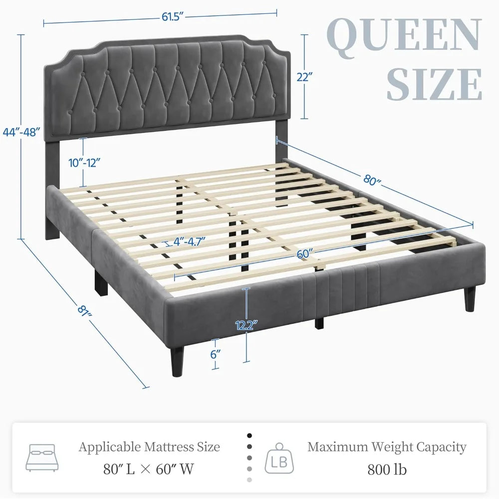 Queen Bed Frame Velvet Upholstered Platform Bed with Curved Headboard