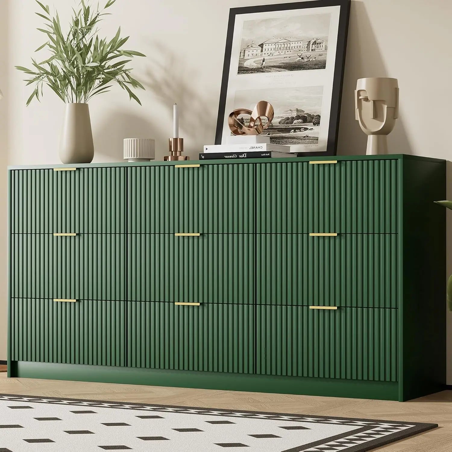 Modern Black Dresser with 9 Drawers, Golden Handles, Smooth Slides for Bedroom Living Room Storage
