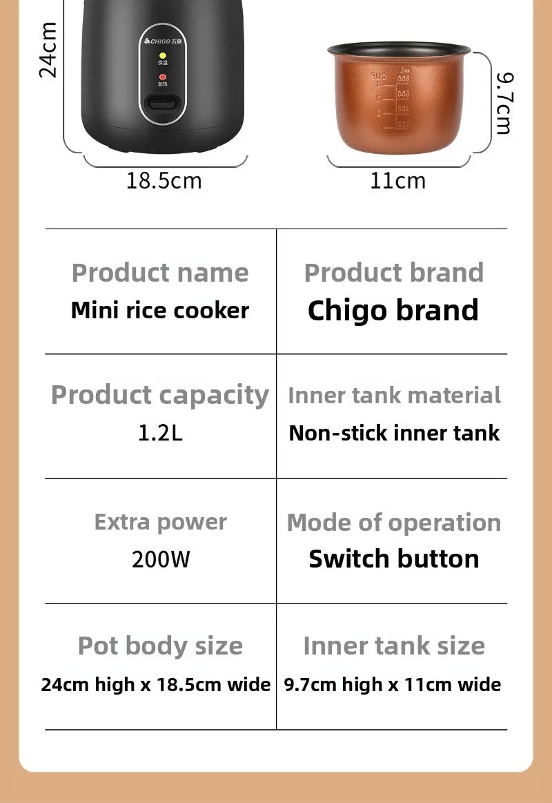 1.2L Mini Rice Cooker, 1-2 People Non-stick Inner Tank Rice Cooker
