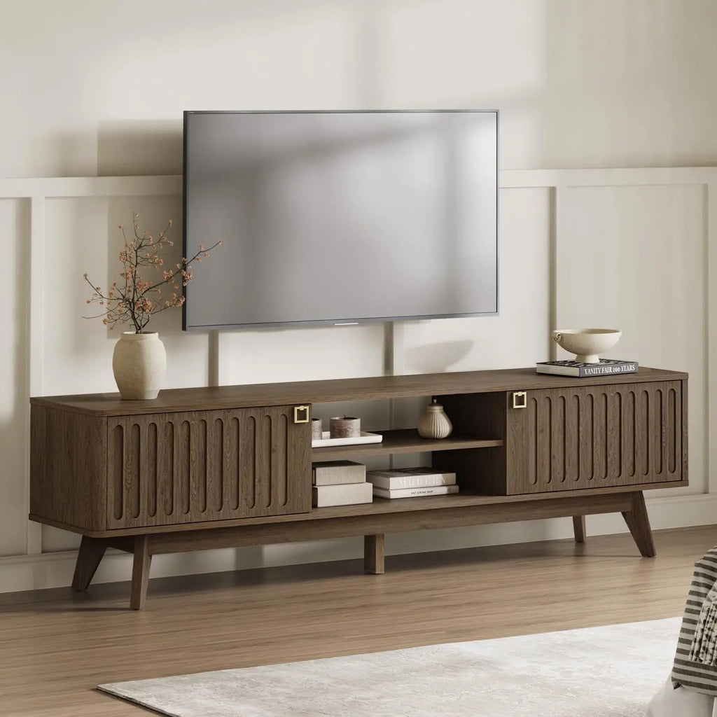 Modern TV Stand for 65/75/80 Inch TV,Long 70" TV Stand Entertainment Center with 2 Storage Cabinets,Fluted-Door Media TV Console