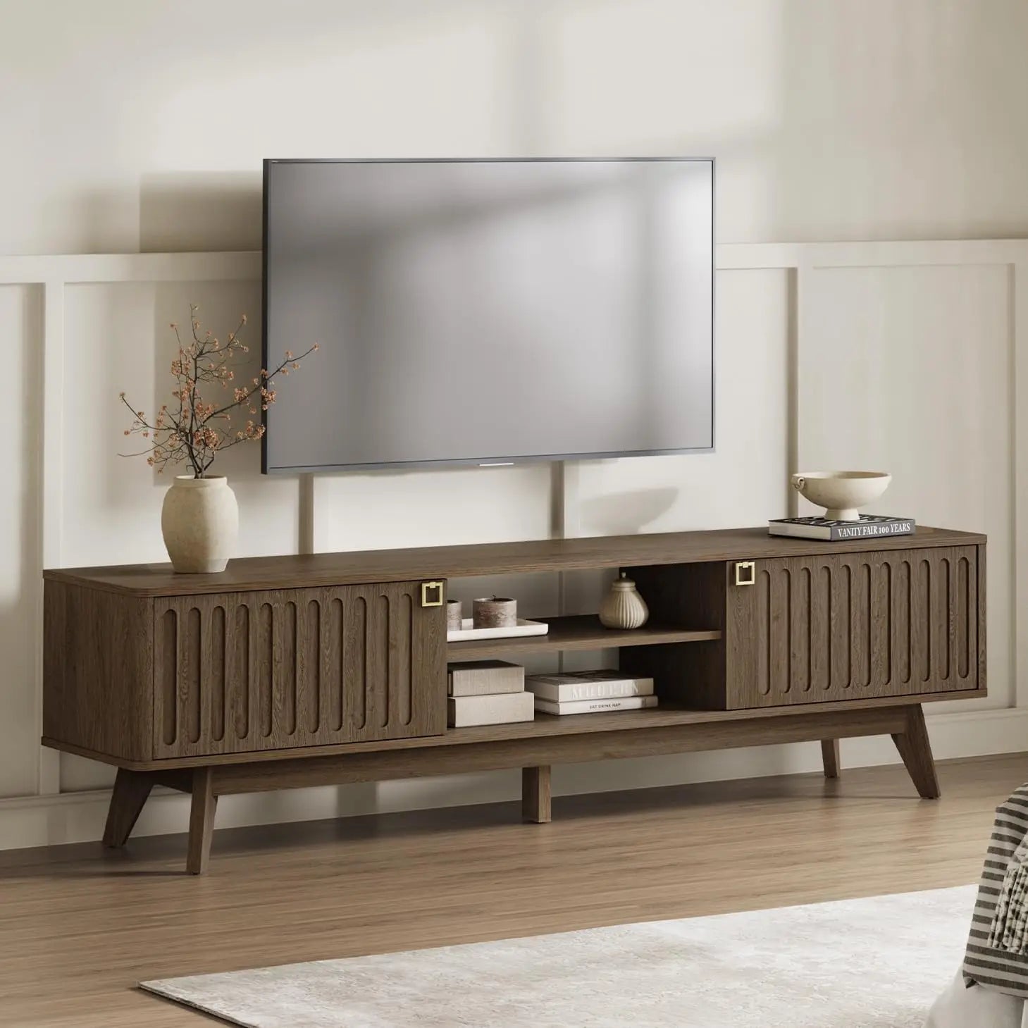 Modern TV Stand for 65/75/80 Inch TV,Long 70" TV Stand Entertainment Center with 2 Storage Cabinets,Fluted-Door Media TV Console