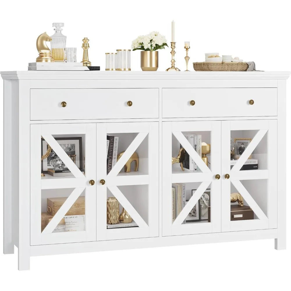 Large Sideboard Kitchen Cabinet with 2 Drawers and 4 Glass Doors, White