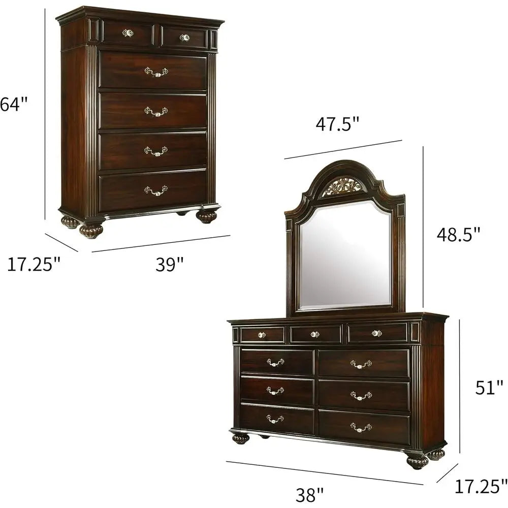 6-Piece Solid Wood Traditional Bedroom Set with Chest, Mirrored Dresser, 2 Nightstands, Requires Box Spring, Queen Size