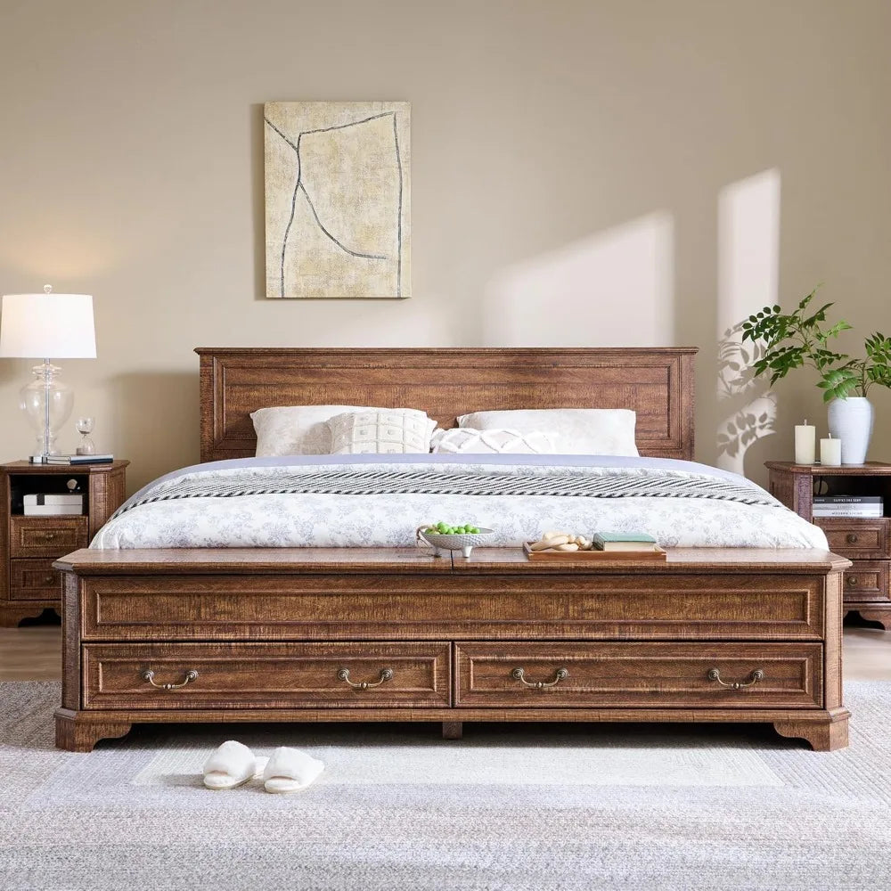 Rustic Wood King Bed with Storage Bench and 4 Large Drawers, Dark Brown Farmhouse Platform Bed