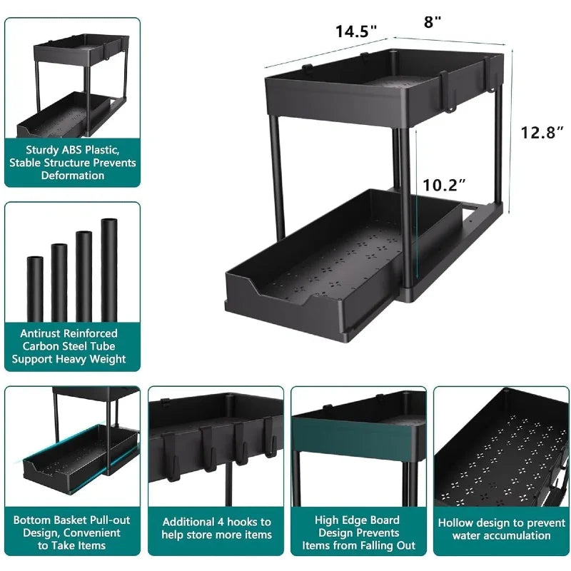 Under-sink storage rack for bathrooms, and countertops