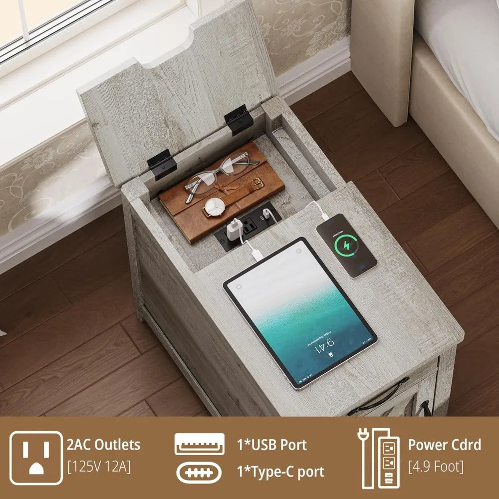 Farmhouse End Table Set of 2 with Charging Station, USB Ports & Outlets, Drawer & Cup Holder for Living Room Bedside