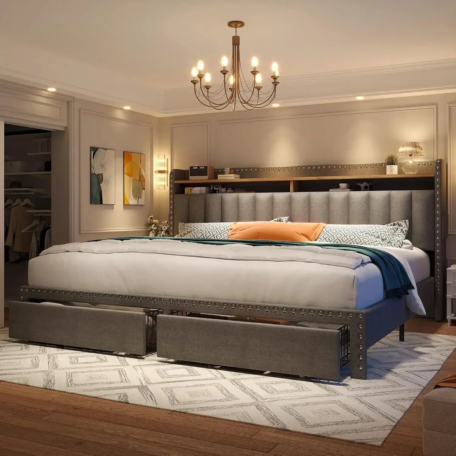 King Size Bed Frame, Upholstered King Bed Frame with 2 Storage Drawers