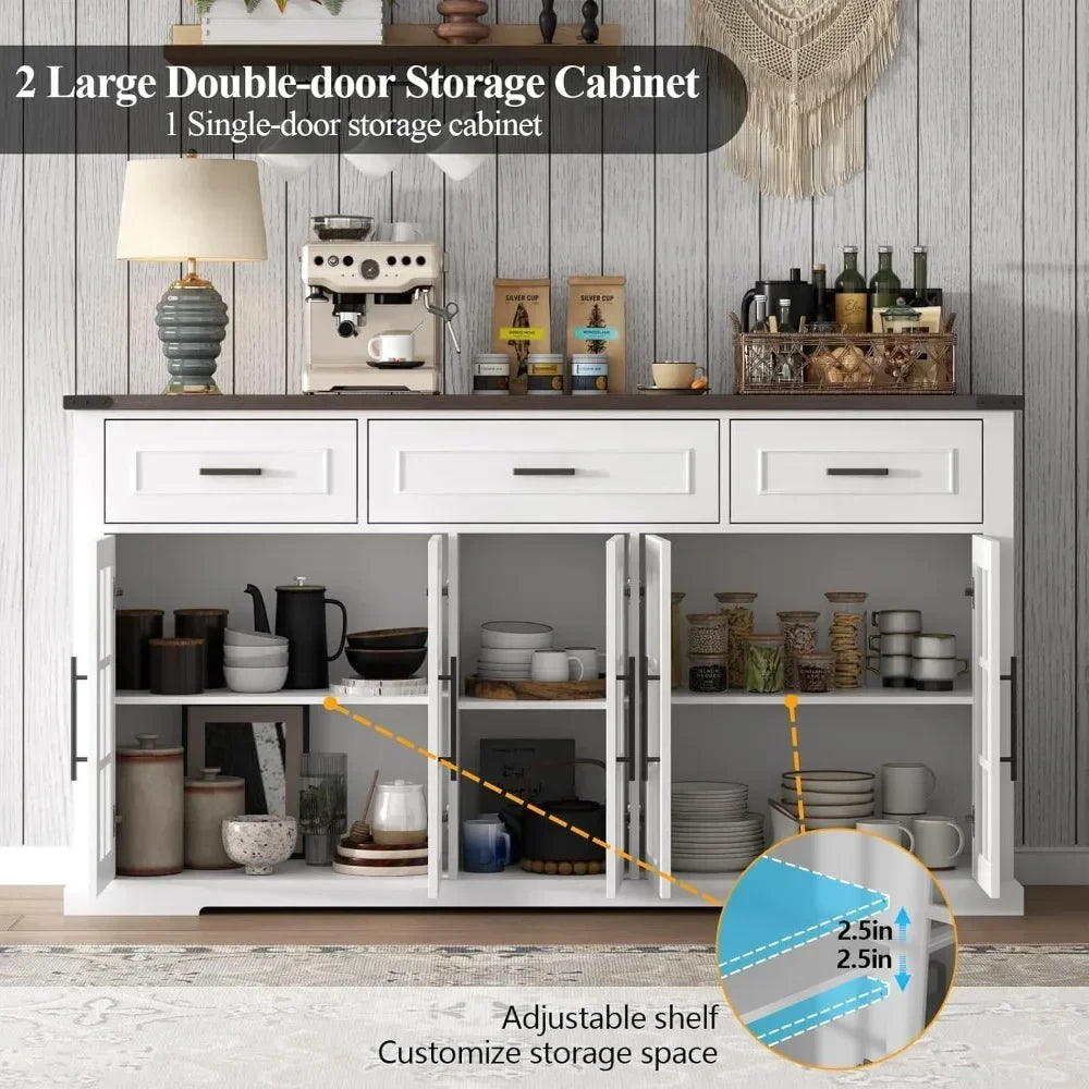 63" large buffet sideboard cabinet with storage, farmhouse buffet table with 3 drawers & 5 glass doors, modern