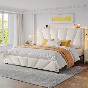 Velvet Headboard and LED Lights， Storage Headboard Platform Bed with Charging Station