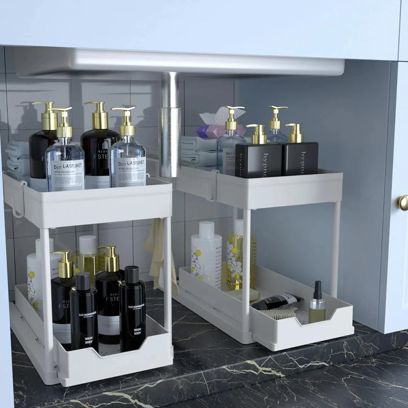 Under-sink storage rack for bathrooms, and countertops