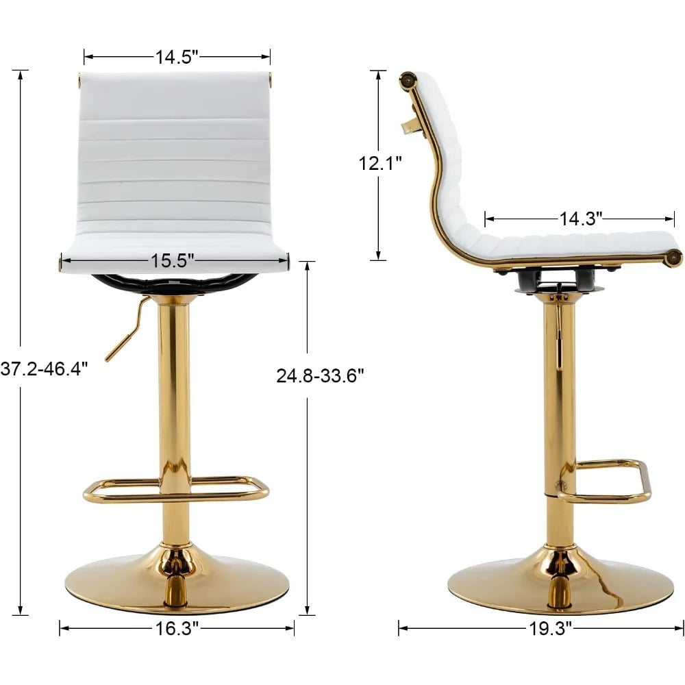 Adjustable Bar Stools Set of 2, White Faux Leather Counter Height Chairs with Gold Base, 360° Swivel