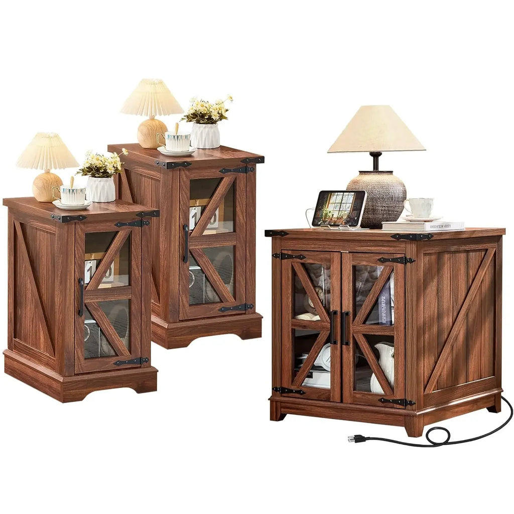 Farmhouse End Table Set 3, Narrow 18'' Night Stand with Glass Barn Door, 24" Square Side Table with Charger, Customized