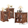 Farmhouse End Table Set 3, Narrow 18'' Night Stand with Glass Barn Door, 24" Square Side Table with Charger, Customized