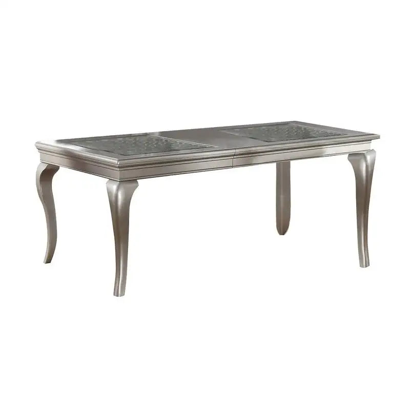 7pc Rect. Glass Dining Table Set w/ Silver Hue & 6 Tufted Side Chairs
