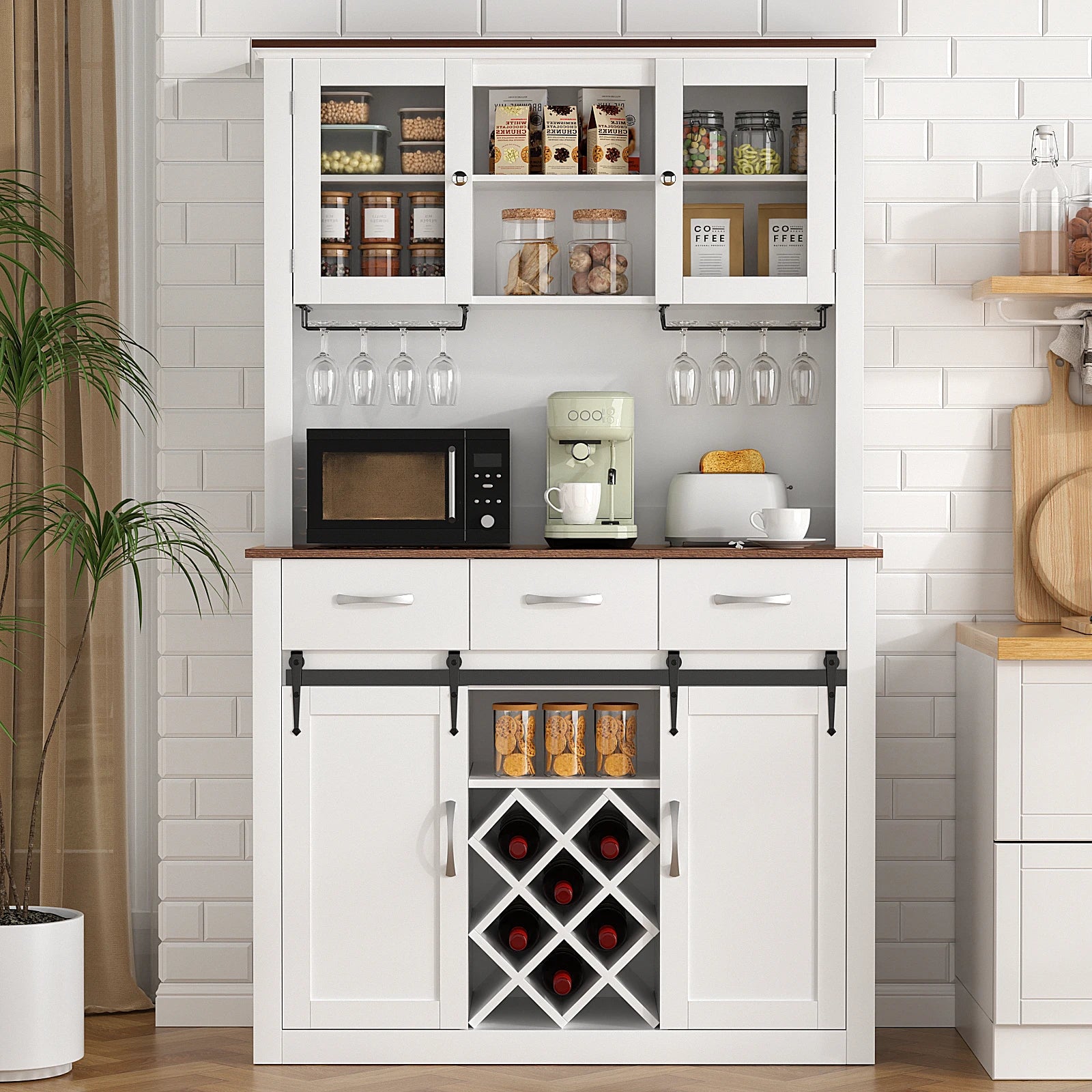 72" Tall Farmhouse Bar Cabinet with Sliding Barn Doors, & Wine & Glass Racks