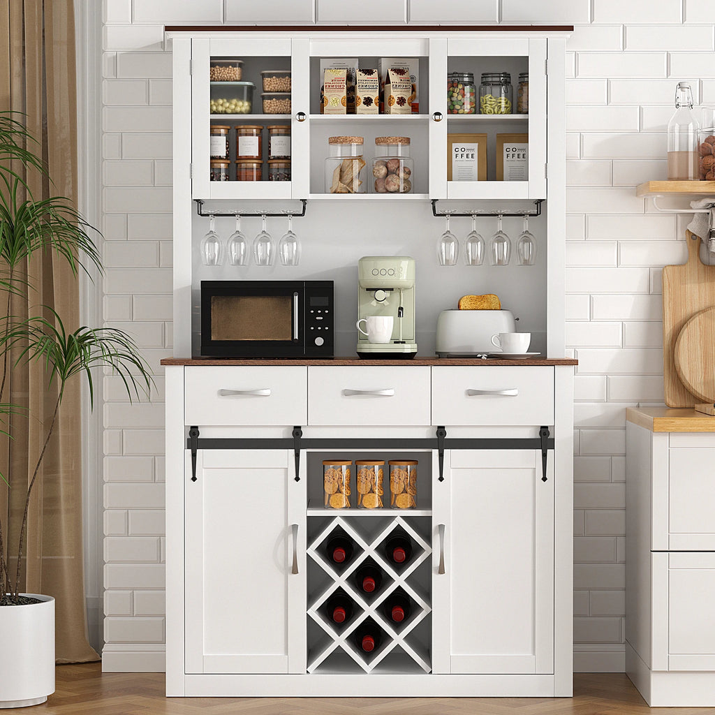72" Tall Farmhouse Bar Cabinet with Sliding Barn Doors, & Wine & Glass Racks