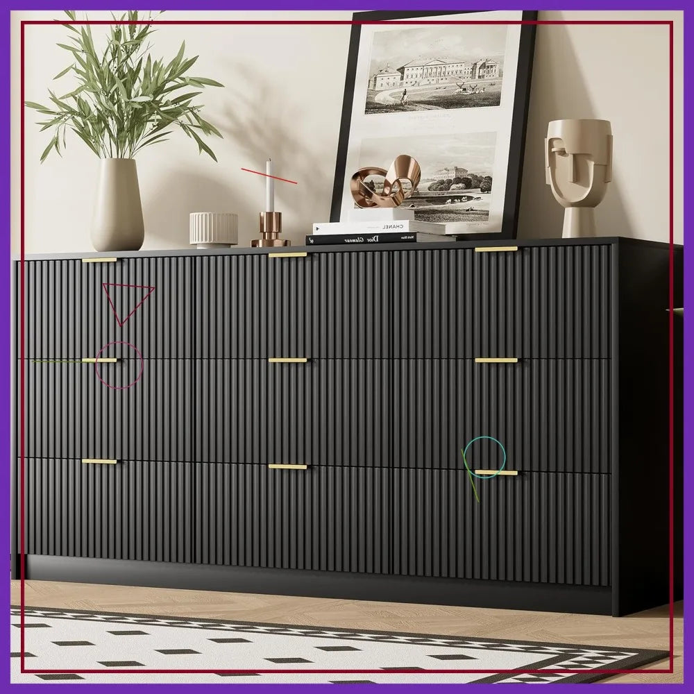 Modern Black Dresser with 9 Drawers, Golden Handles, Smooth Slides for Bedroom Living Room Storage