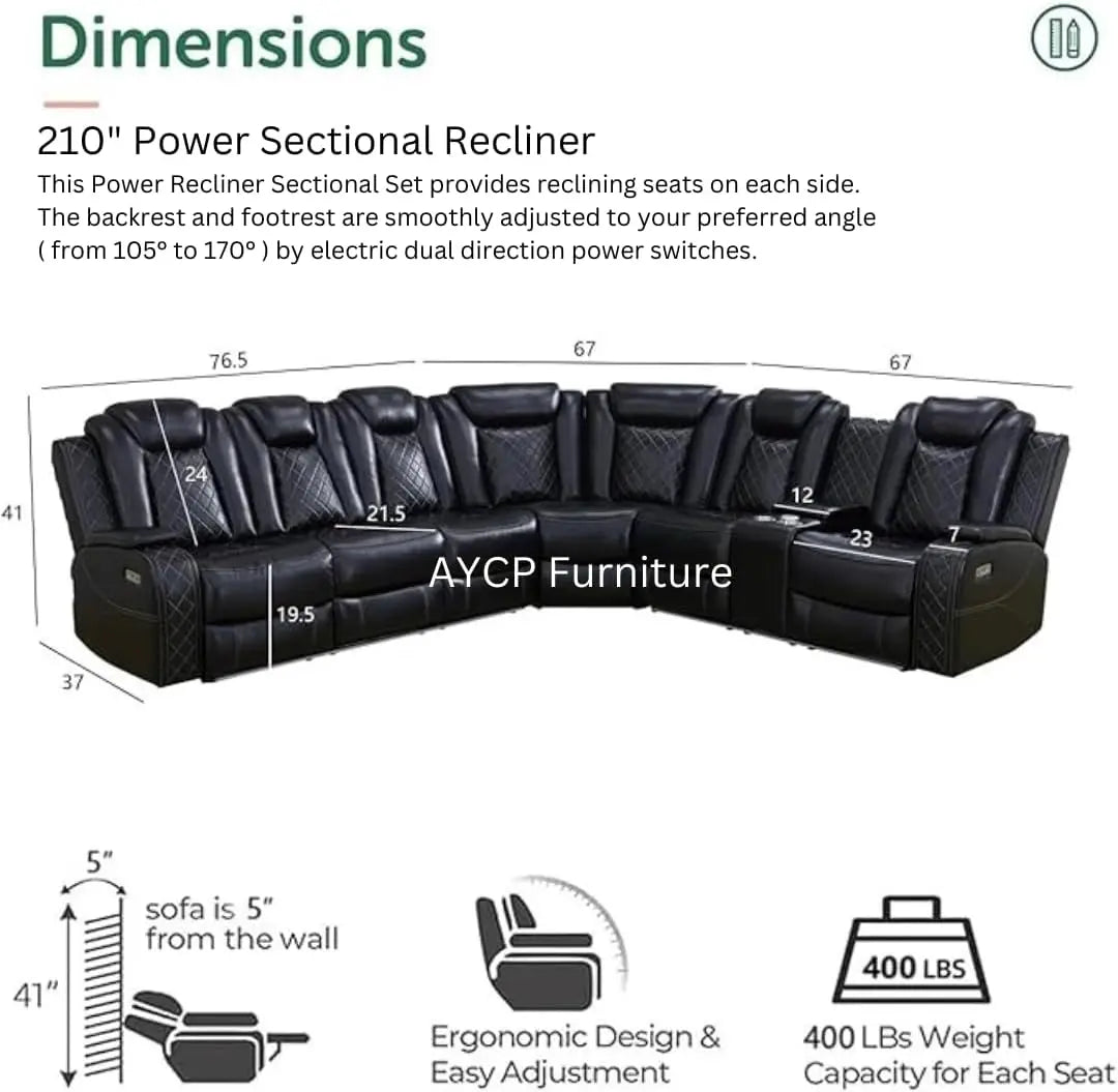 Power Recliner Sectional Sofa with LED Light for Living Room