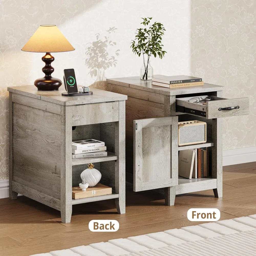 Farmhouse End Table Set of 2 with Charging Station, USB Ports & Outlets, Drawer & Cup Holder for Living Room Bedside