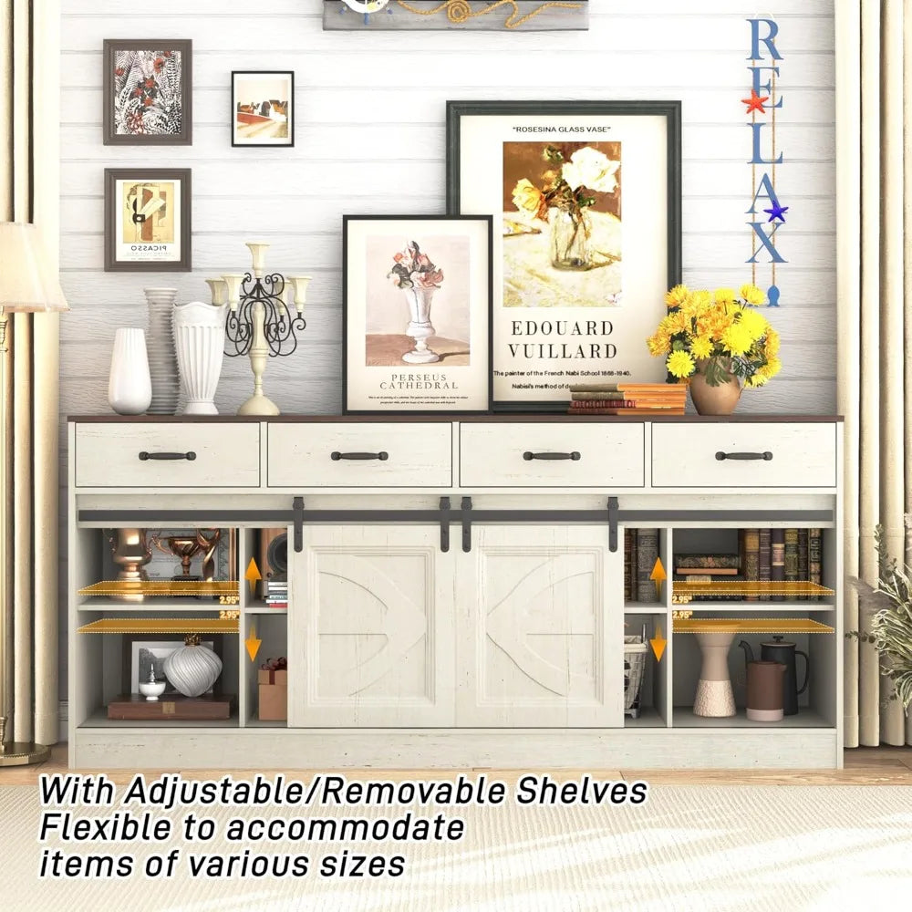 Large 70 Farmhouse Style Buffet Cabinet with Sliding Doors, 4 Drawers, and Coffee Bar Feature