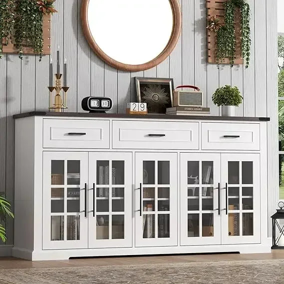 63" large buffet sideboard cabinet with storage, farmhouse buffet table with 3 drawers & 5 glass doors, modern