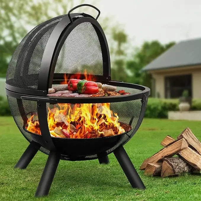 Large Round Fire Pit With BBQ Grill