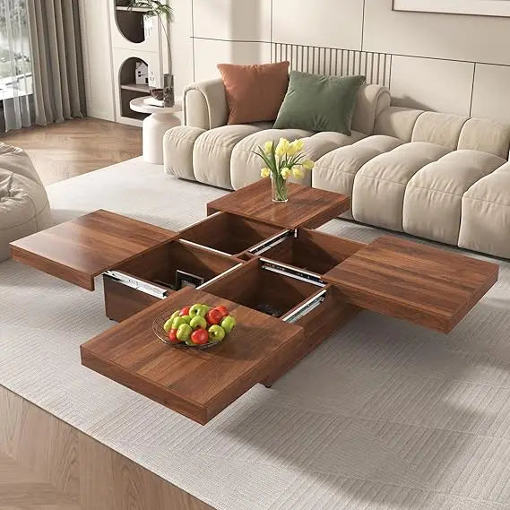39.4'' Square Marble Veneer Coffee Table with Sliding Top & Ample Storage Walnut Finish, Modern and Sturdy MDF Design for