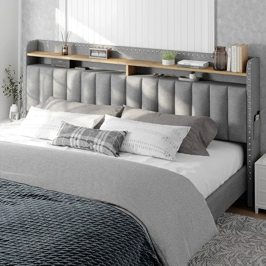 King Size Bed Frame, Upholstered King Bed Frame with 2 Storage Drawers