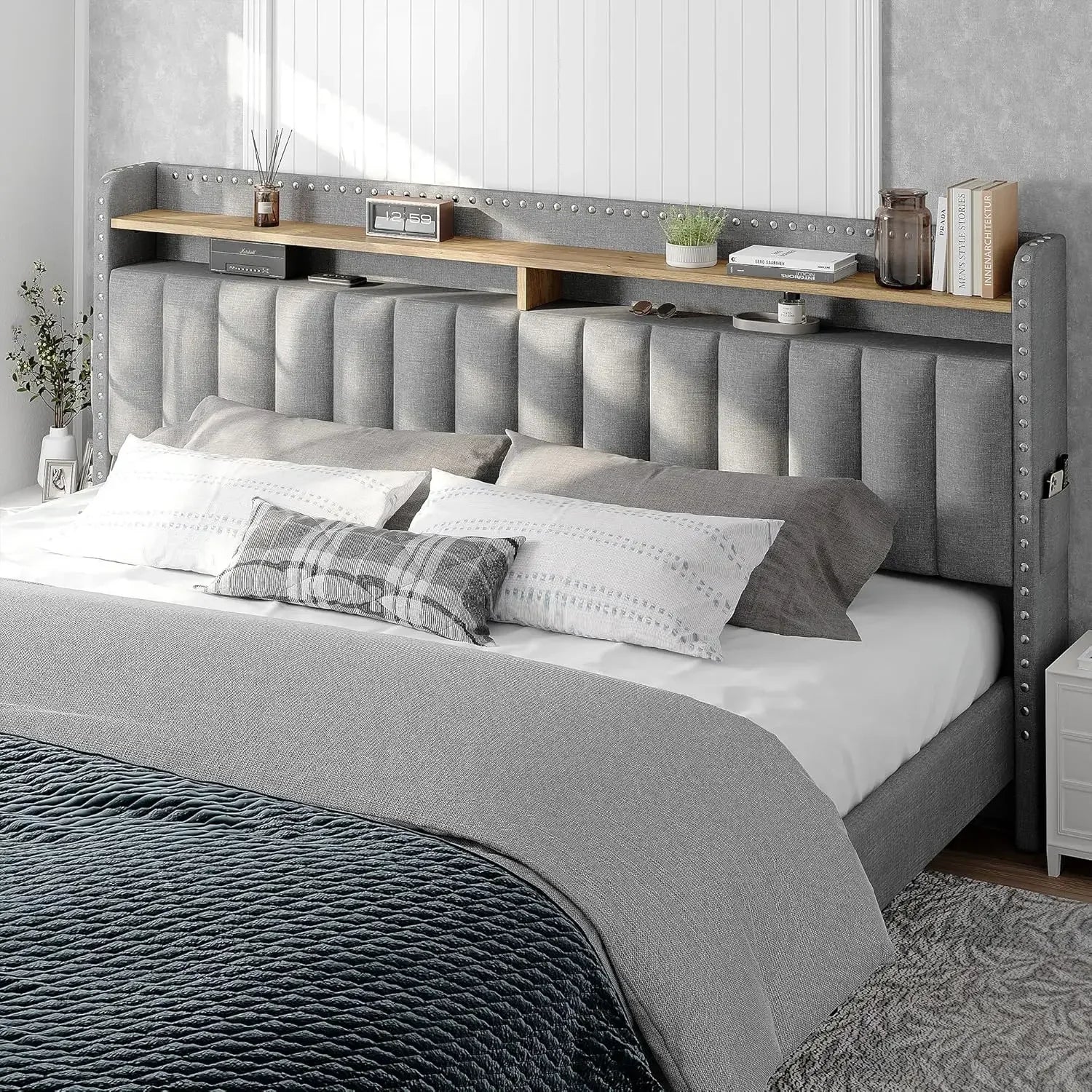 King Size Bed Frame, Upholstered King Bed Frame with 2 Storage Drawers