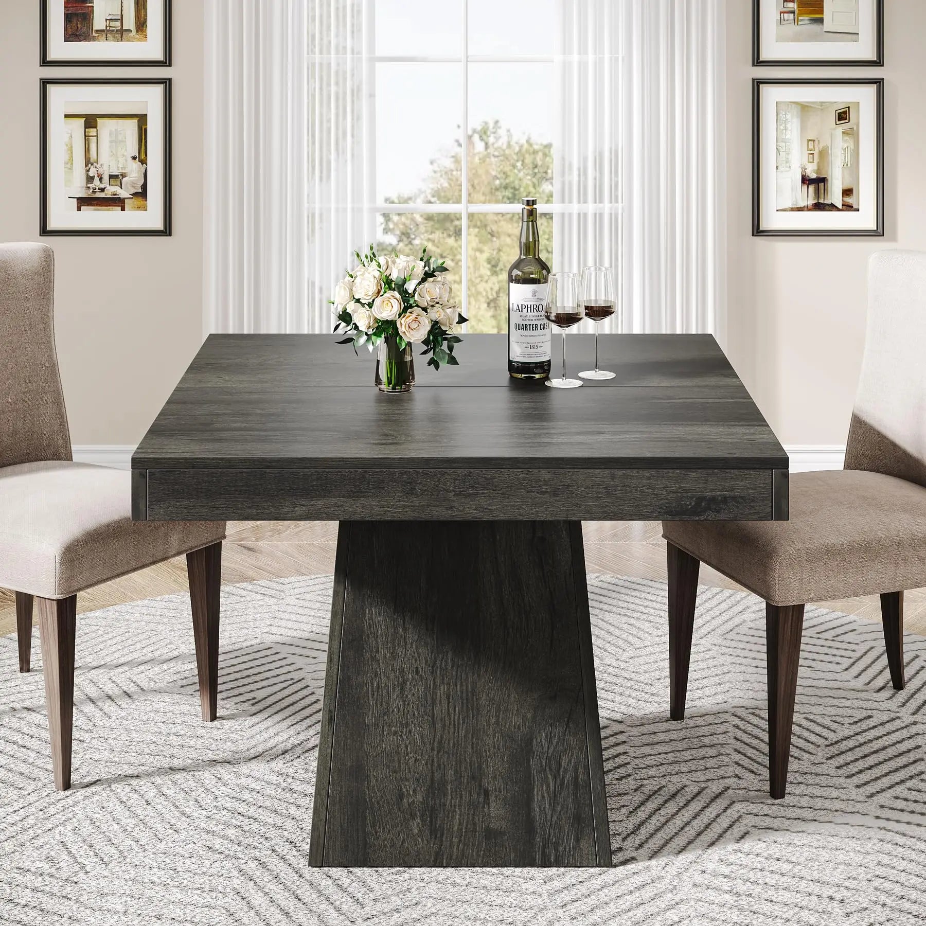 Square Dining Table with Sturdy Pedestal Base, Farmhouse Dining Room