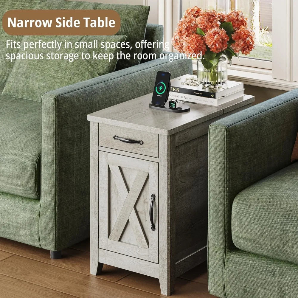 Farmhouse End Table Set of 2 with Charging Station, USB Ports & Outlets, Drawer & Cup Holder for Living Room Bedside