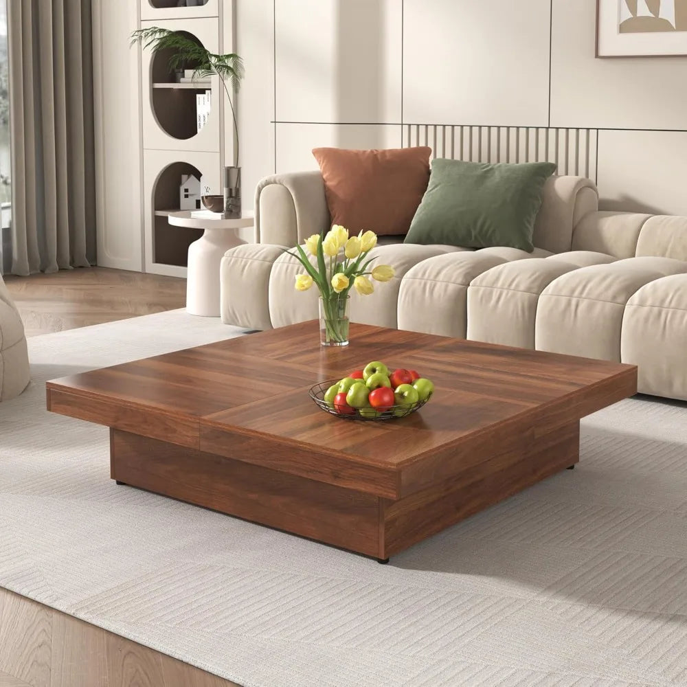 39.4'' Square Marble Veneer Coffee Table with Sliding Top & Ample Storage Walnut Finish, Modern and Sturdy MDF Design for