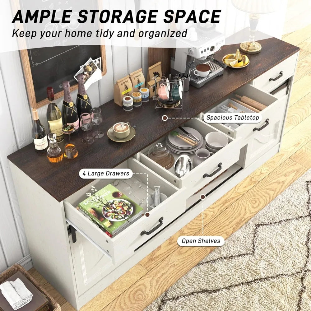 Large 70 Farmhouse Style Buffet Cabinet with Sliding Doors, 4 Drawers, and Coffee Bar Feature