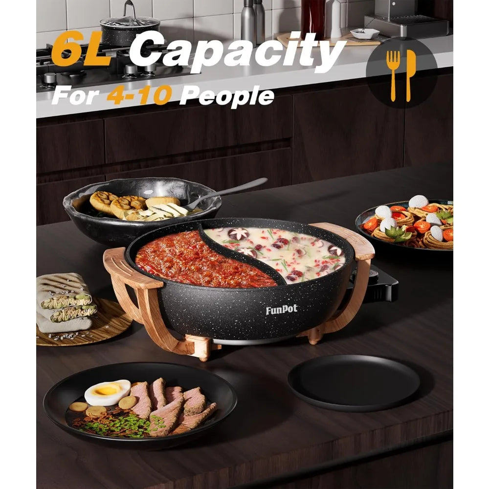 Multi-Temp Electric Hot Pot with Dual Dividers, Family-Size Non-Stick Pot for
