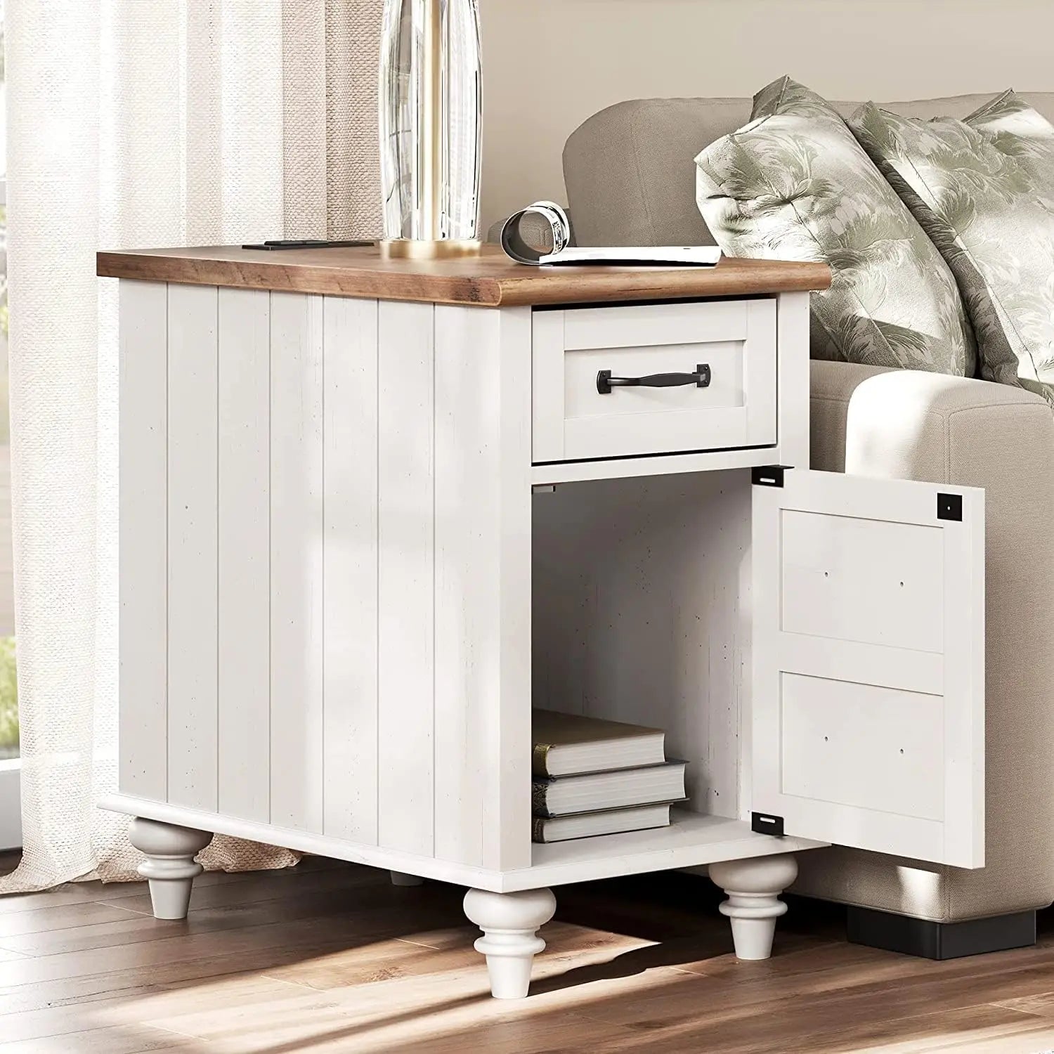 End Table with Charging Station, White Side Table with Storage Cabinet and Drawer, Wood Nightstand with Power Outlets & USB Port