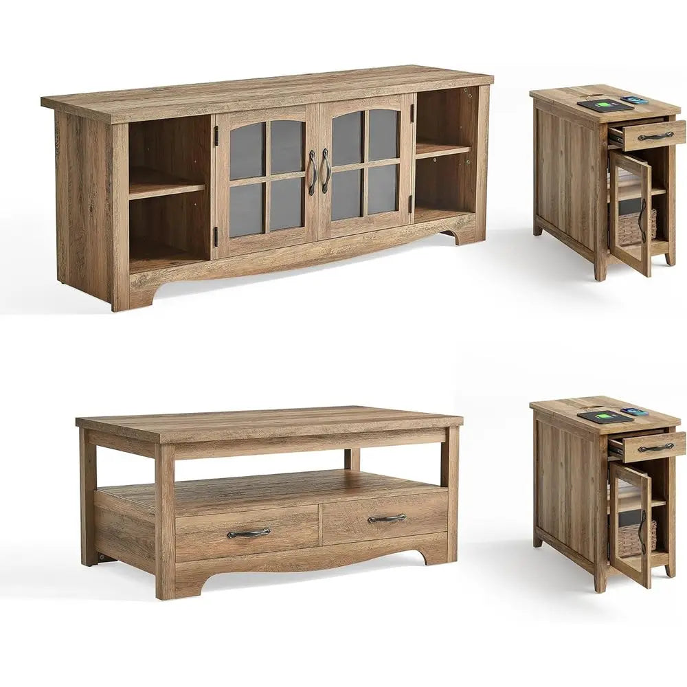 4-Piece Living Room Set with TV Stand, Coffee Table, and 2 End Tables for 65 TVs, Brown