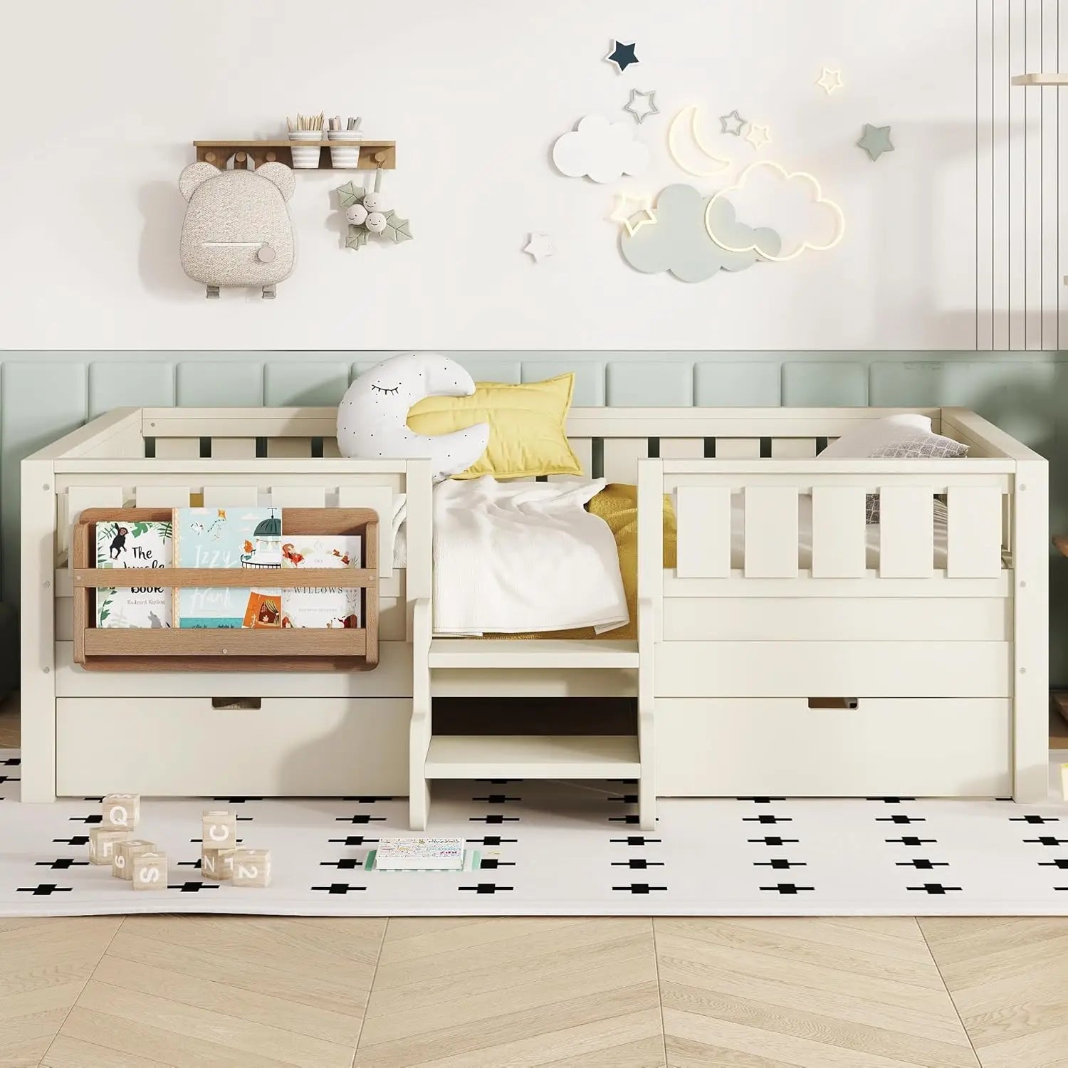Full Size Kids Montessori Bed Frame with Stairs Bookshelf Drawers Storage Low Profile, Customized