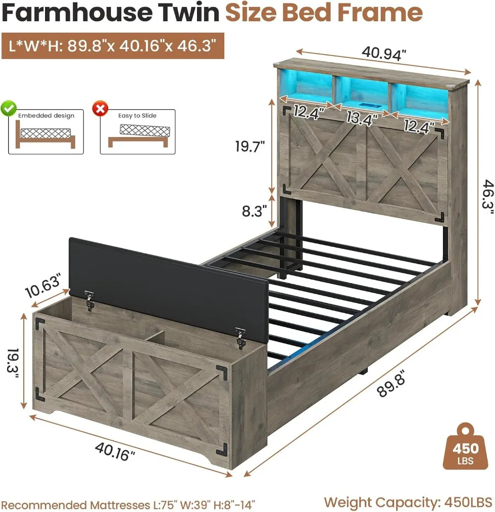 Farmhouse Twin Bed Frame with Storage Headboard, Charging Station, LED Lights & Ottoman - No Box Spring