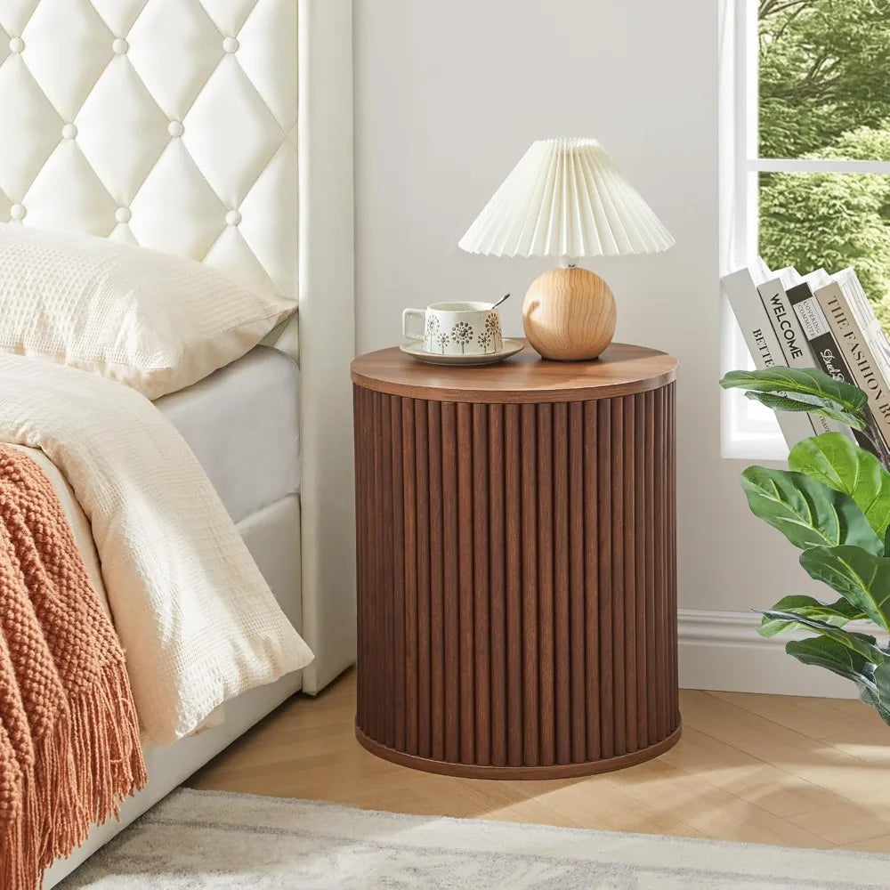 Fluted Side Table Set of 2, 15.7 Mid-Century Modern End Table with Storage, Wooden Bedside Table Round Nightstand Small Ci