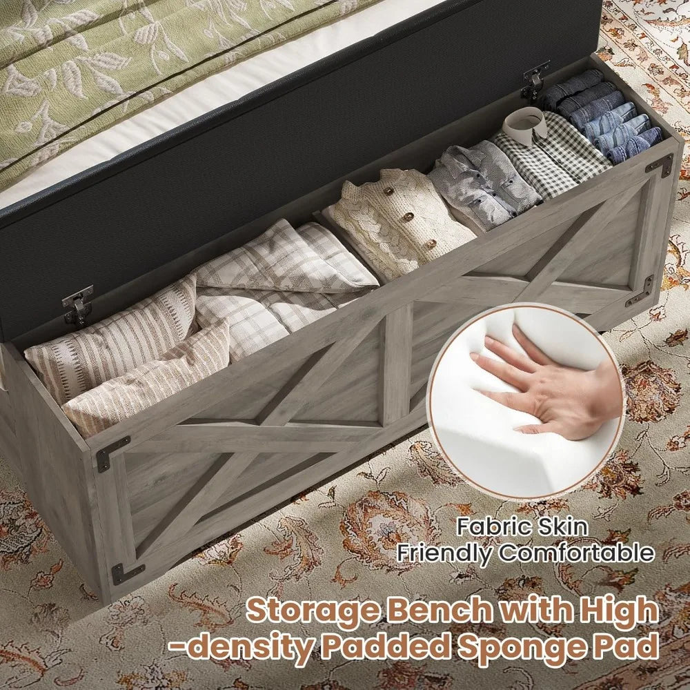 Farmhouse Twin Bed Frame with Storage Headboard, Charging Station, LED Lights & Ottoman - No Box Spring