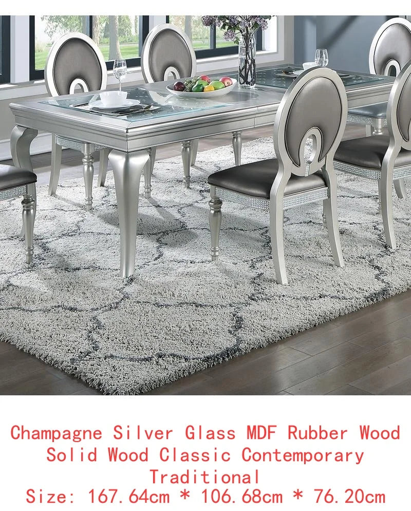 7pc Rect. Glass Dining Table Set w/ Silver Hue & 6 Tufted Side Chairs