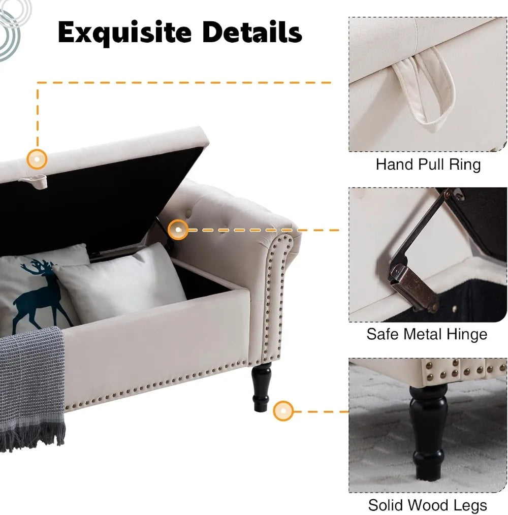 67'' Velvet Storage Bench for King Size Bed, Upholstered Tufted Ottoman with Arms for Bedroom, Living Room, Entryway in Beige