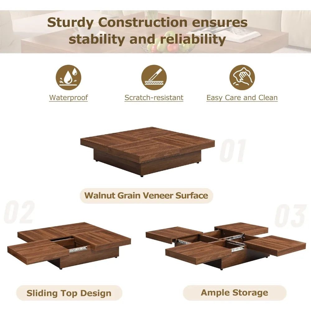 39.4'' Square Marble Veneer Coffee Table with Sliding Top & Ample Storage Walnut Finish, Modern and Sturdy MDF Design for