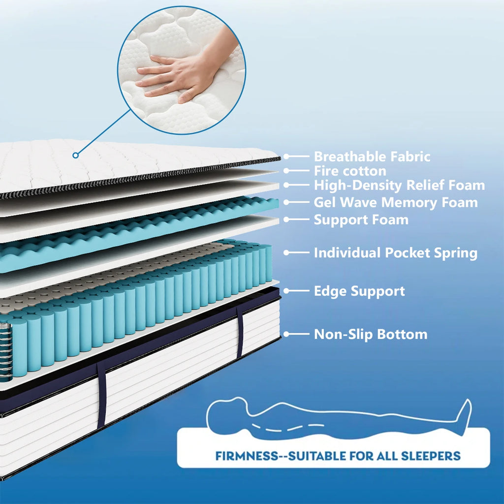 Queen Size Mattress Gel Memory Foam Hybrid Mattress , Pressure Relief, Medium Firm Comfort, Motion Isolation