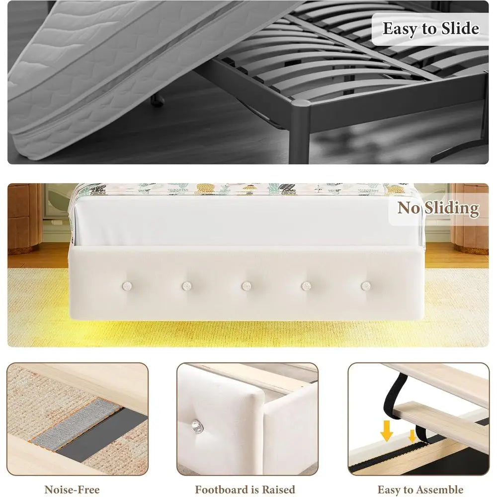 Modern Butterfly-Pattern Twin Bed Frame with LED Lights, Button Tufted Upholstered Headboard and Footboard, Slat Support