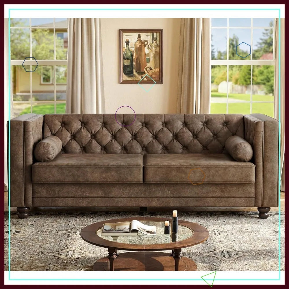 79'' Chesterfield Sofa, Faux Leather Button-Tufted Couch with Deep Seat