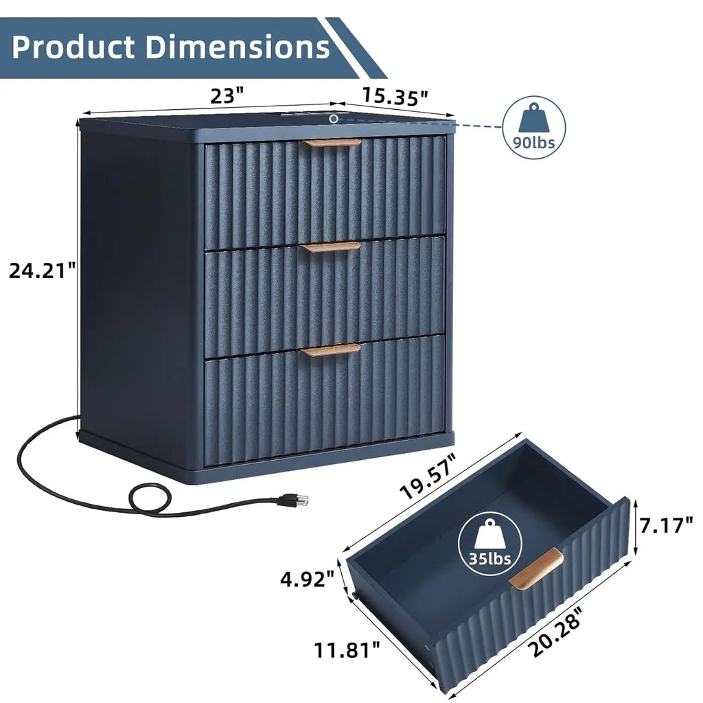 23" Wide Fluted Night Stand with Charging Station, 3 Drawers