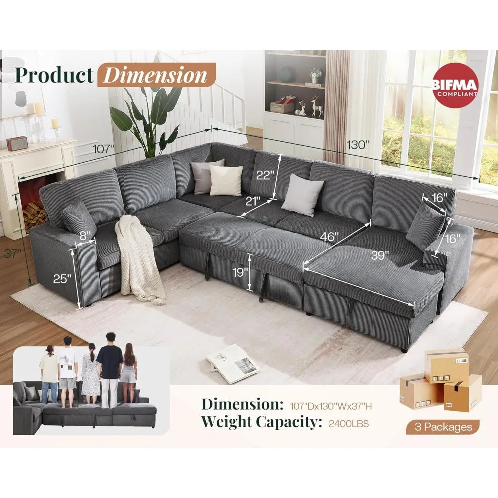 130 Sofa Bed, Sleeper Sofa, Pull Out Sleeper Couch with Storage, Convertible 6-Seater Sofa Bed for Living Room, Cordur